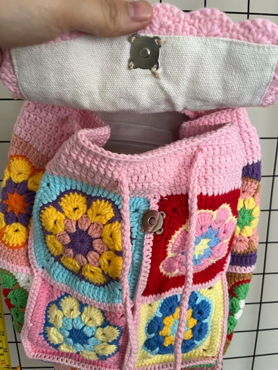 Handmade Crochet Granny Square Backpack - Pastel Pink & Multi - Picture 2 of 3